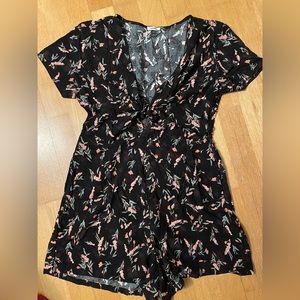 V-neck Wrap Tie Garage Romper in Black with pink flowers